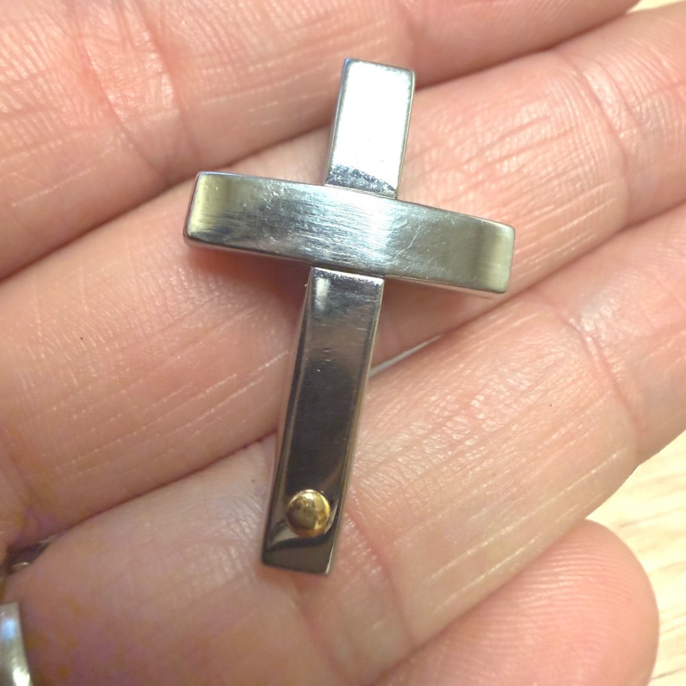 INOX Stainless Steel Cross Pendant Silver‎ Gold Rivet Mixed Metal Hidden Bail